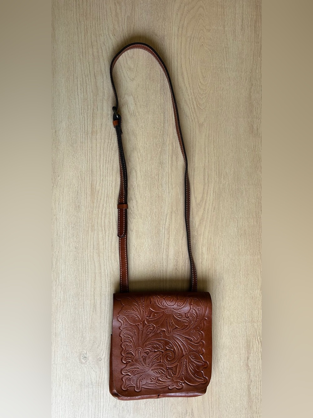Patricia Nash Brown Floral Tooled Leather Crossbody w/ Adjustable Strap